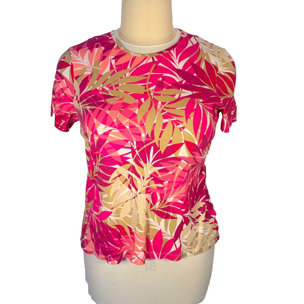 Croft & Barrow Tee Shirt Women’s 1X Pink Tan Tropical Round Neck